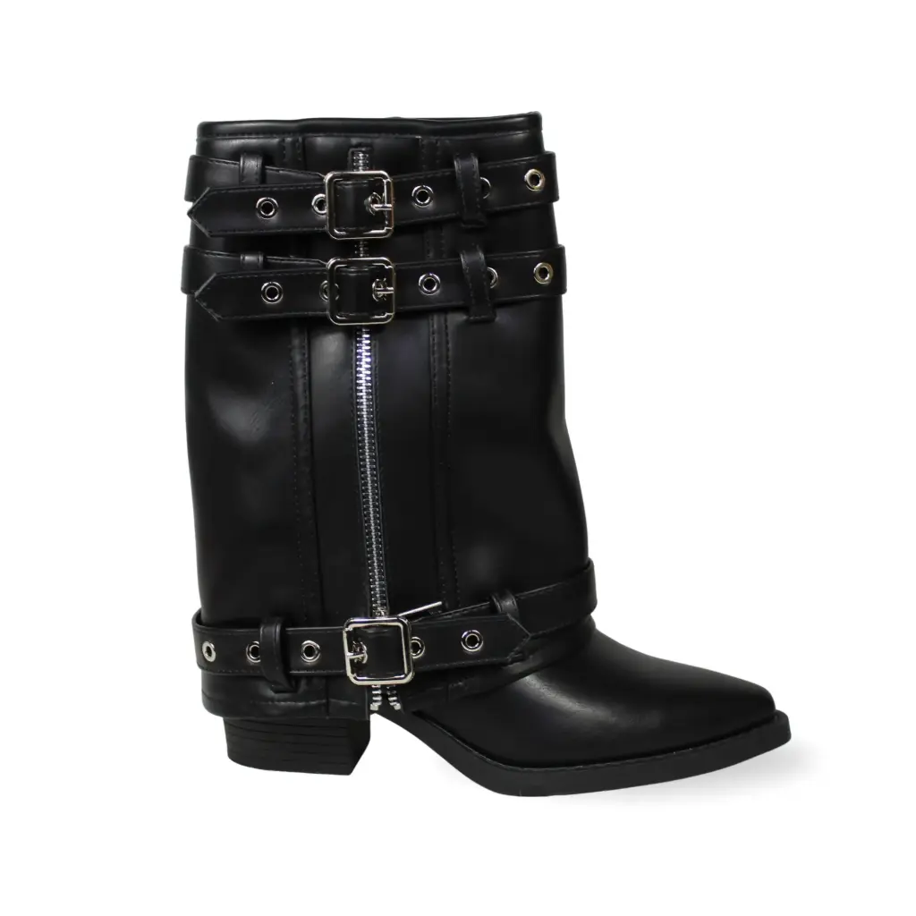 [PG5322-1Black] Bota Biker de Media Caña Ecocuero Negro con Hebillas y Cierre PG5322 (35)