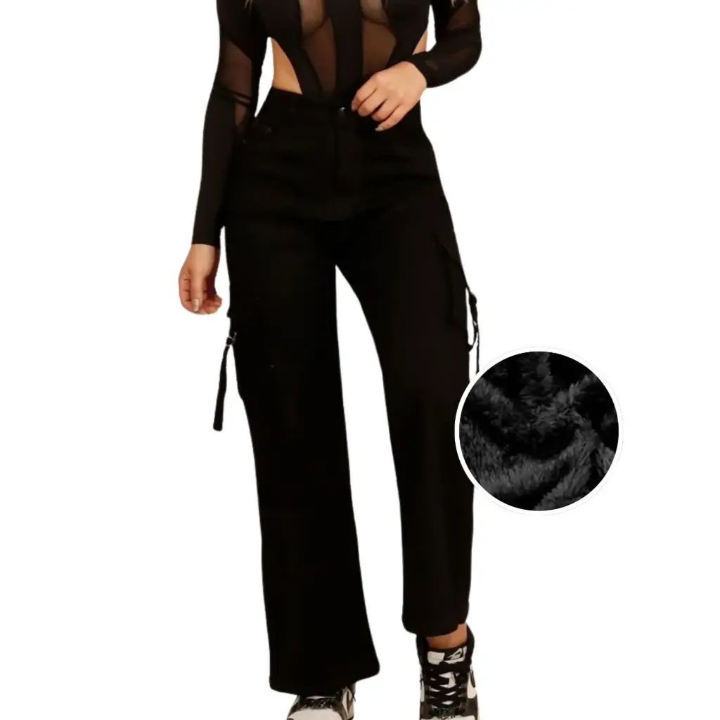 [J9880] Jeans Cargo Negro Polar Mujer J9880 (36)