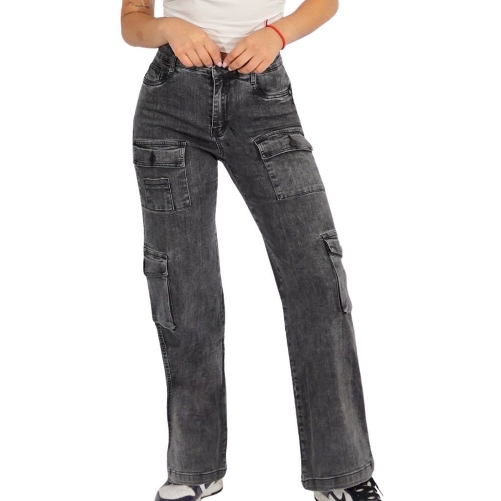 [J9115] Jeans Cargo J9115 Mujer Tiro Alto (36)