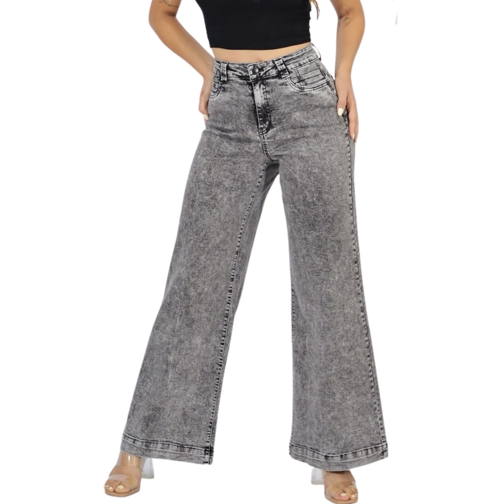 [J9187Gris] Jeans Estilo Palazzo Mujer Push Up Gris Full Elasticado (36)