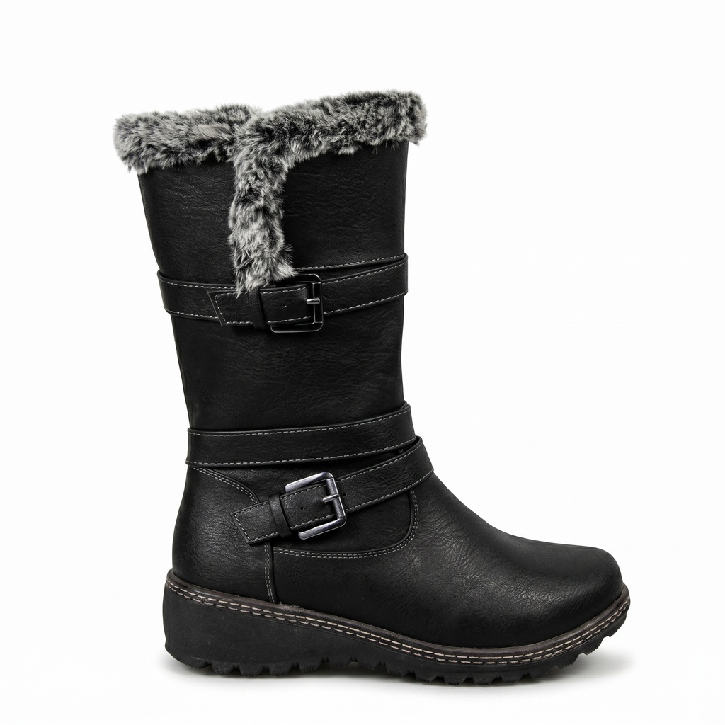 [A856Black] Bota Mujer Invierno Ecocuero Diseño Hebilla (35)