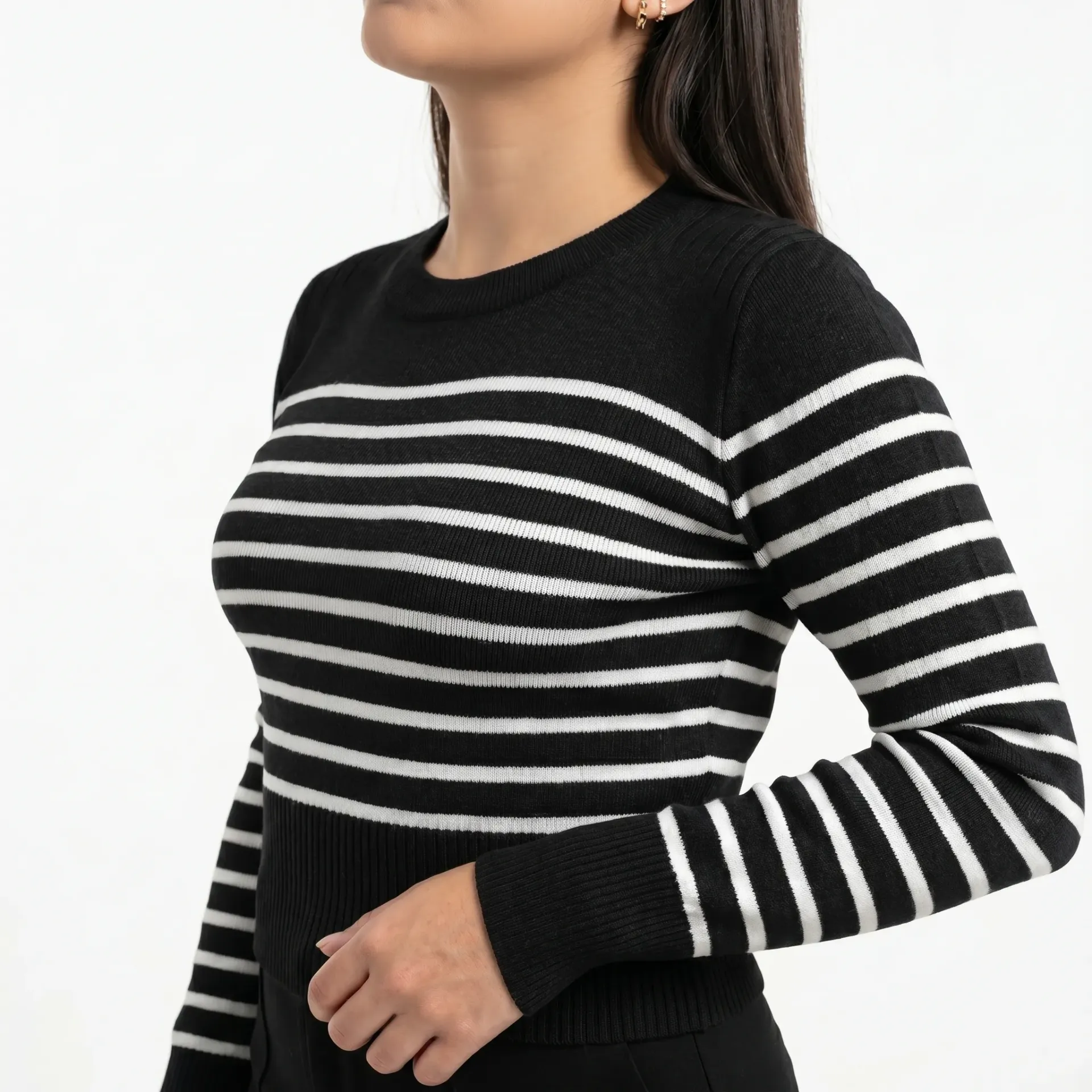 [W3002Negro] Sweater Rayas Mujer Basico Hilo (Negro)