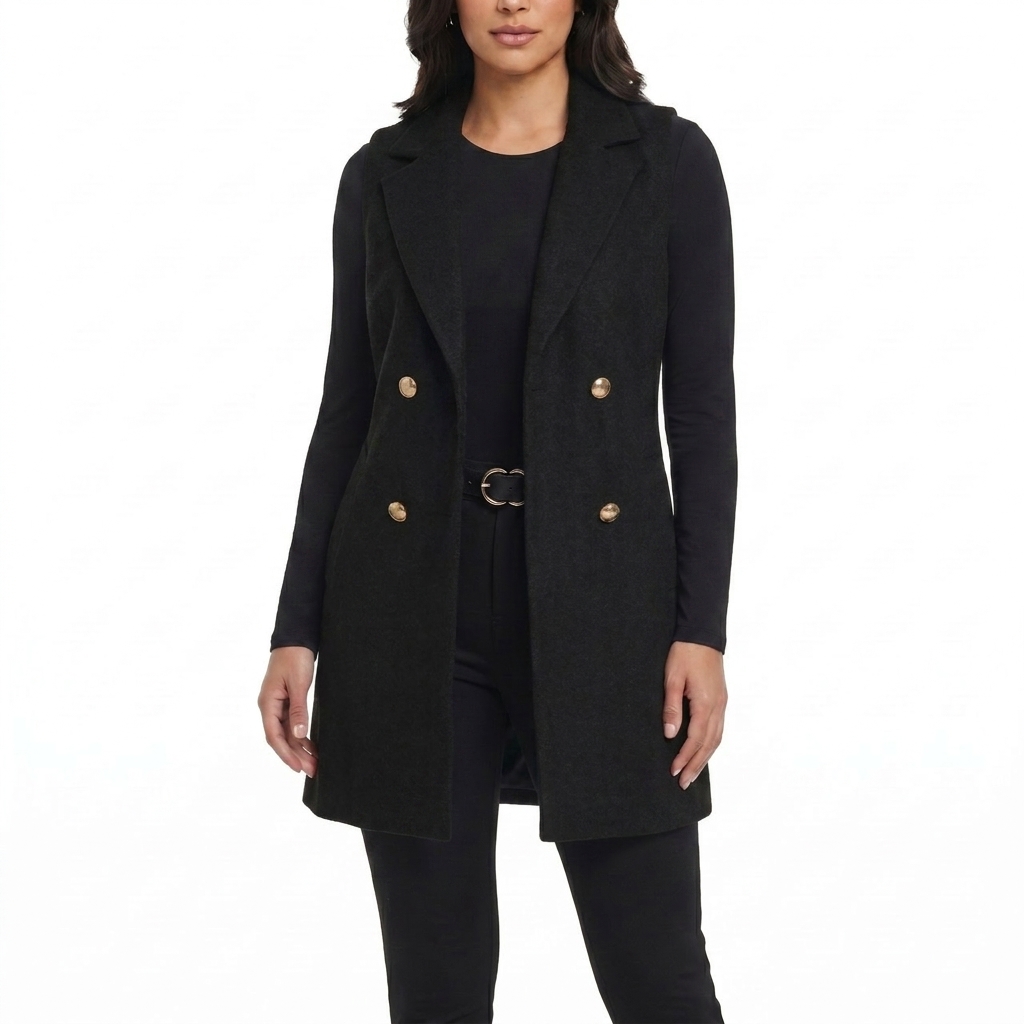 [W5317Negro] Abrigo Mujer Paño Con Cinturón Sin Mangas (S/M, Negro)