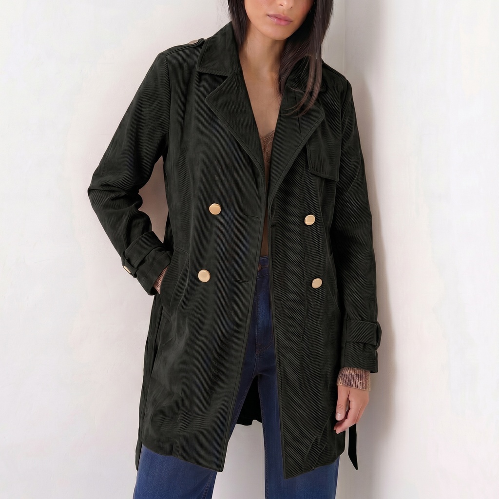 [W7005Negro] Abrigo Trench Mujer Cotelé Camel Con Botones (S/M, Negro)