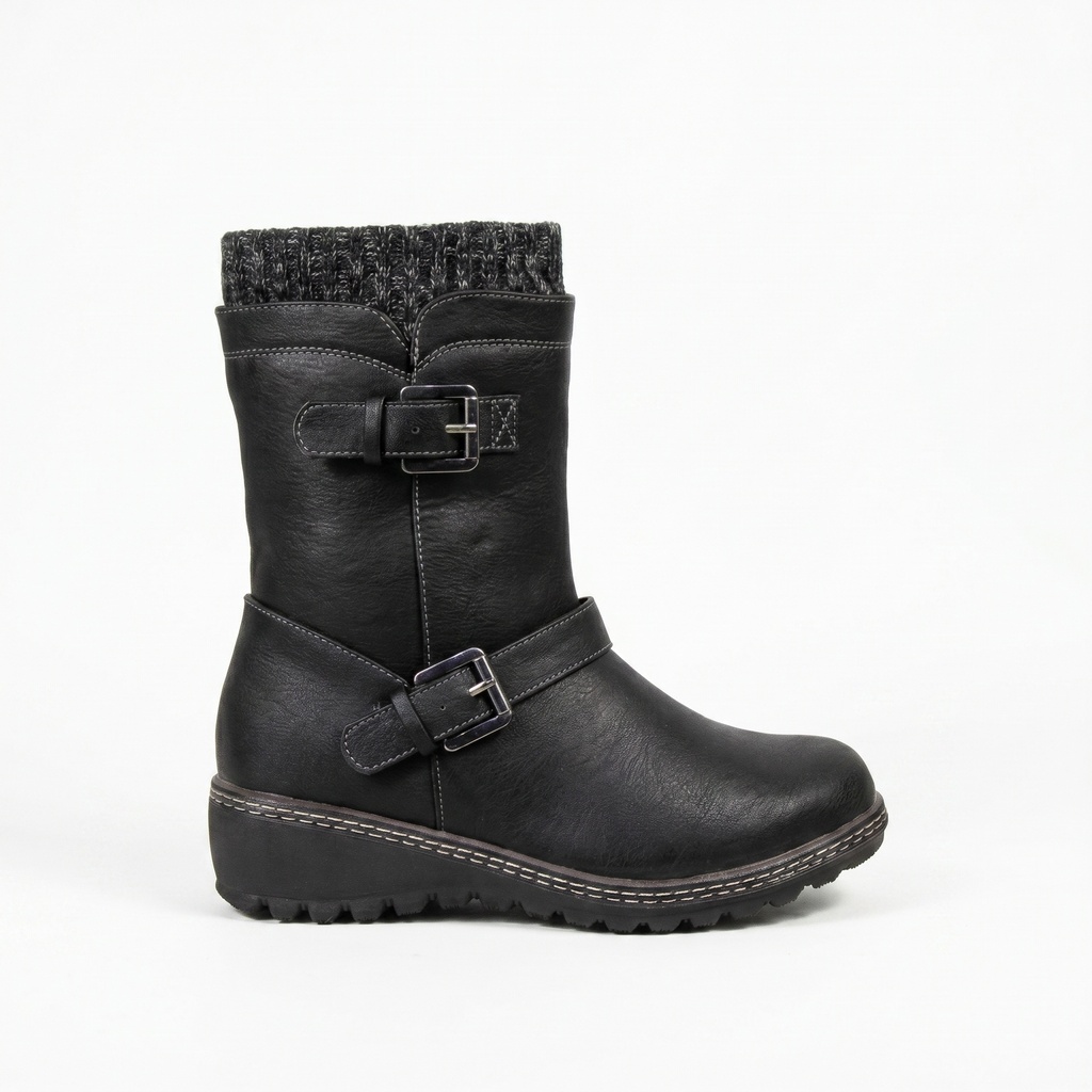 [A858Black] Bota Media Caña Mujer Con Hebillas Urbana Confort (35)