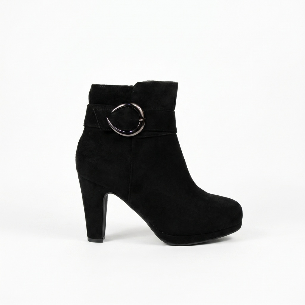 [2609Black] Botín Mujer Gamuza Taco Grueso Plataforma Hebilla (35)