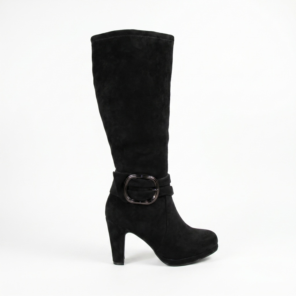 [2612Black] Bota Larga Mujer Gamuza Taco Grueso Plataforma Hebilla (35, Negro)