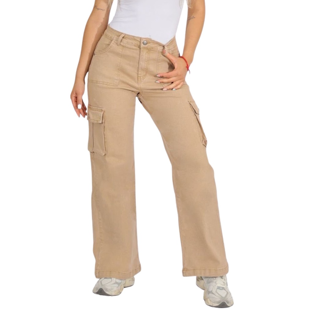 [J9111Marron] Jeans Cargo Tiro Alto Mujer 9111 (36)