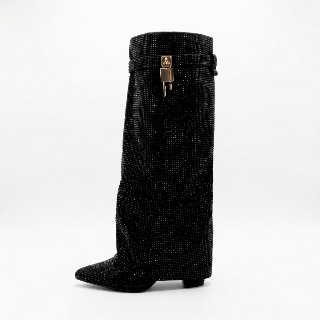 [2683Black] Bota Brillante Taco Cuadrado Mujer (35)