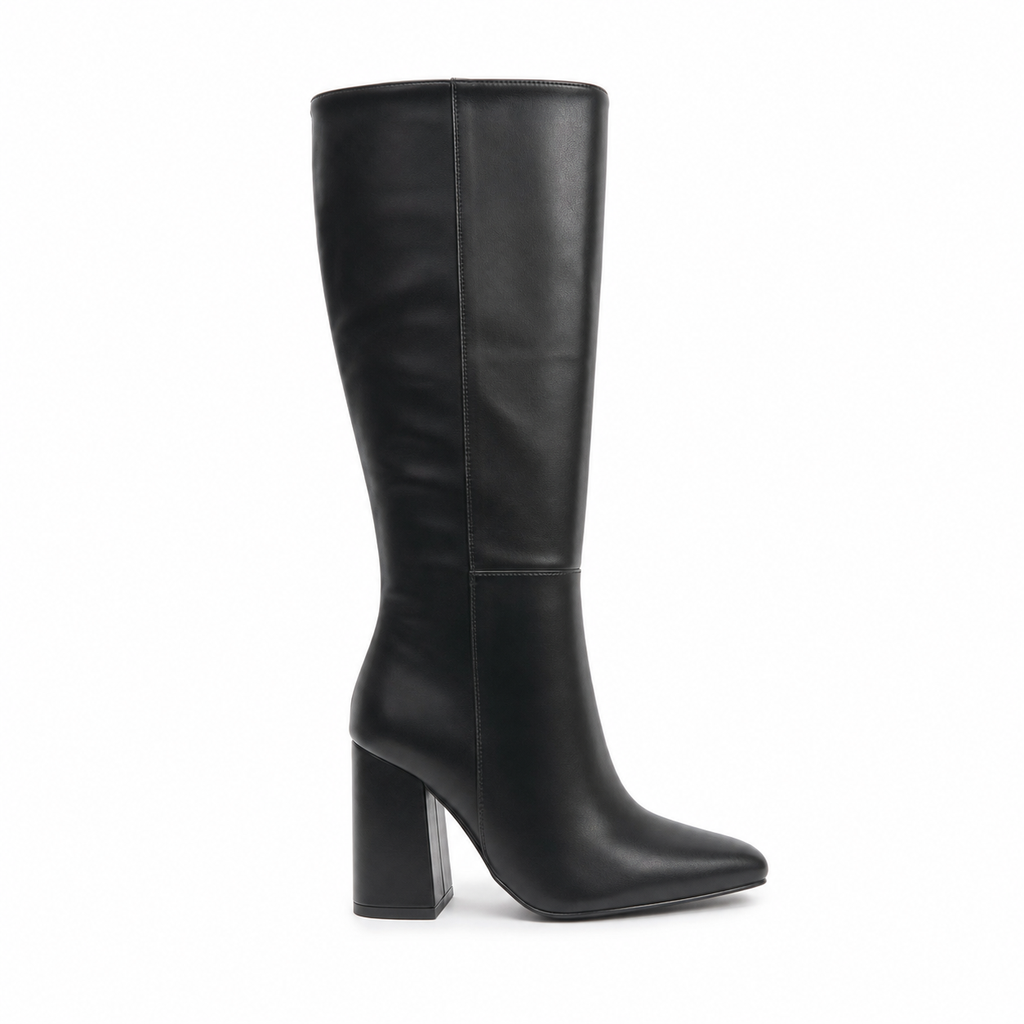 [PG5308Black] Botín Mujer Ecocuero Taco Cuadrado Caña Alta (35, Negro)
