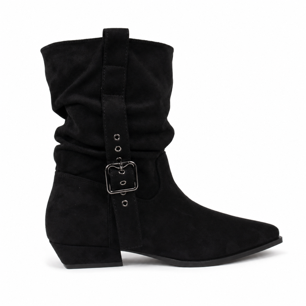 [PG6108Black] Botín Mujer Gamuza Taco Cuadrado Punta Puntiaguda (35, Negro)