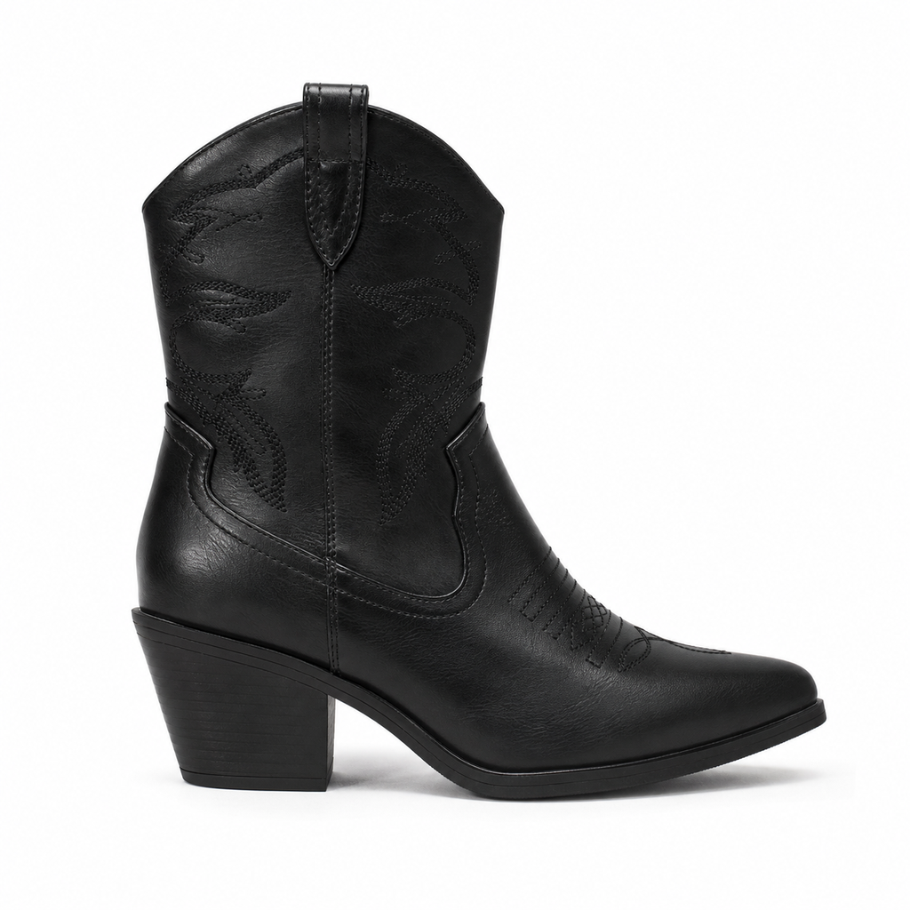 [Black] Botin Vaquero Mujer Pand-G PG6107 Taco Cono (35, Negro)